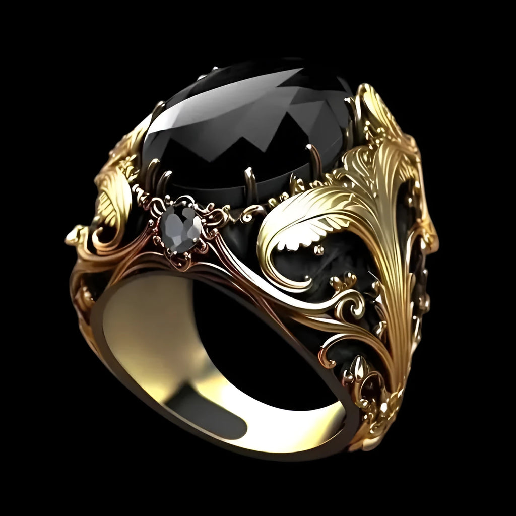 Men's silver alloy wide face ring with geometric imitation ink colour moonstone gem ornament on a flat surface