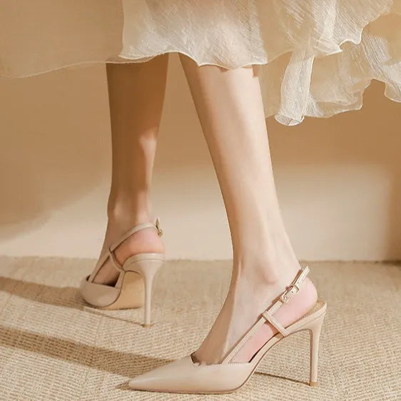 Women's apricot one line buckle toe high-heeled sandals with thin belt and buckle, rubber sole, sizes 34-39