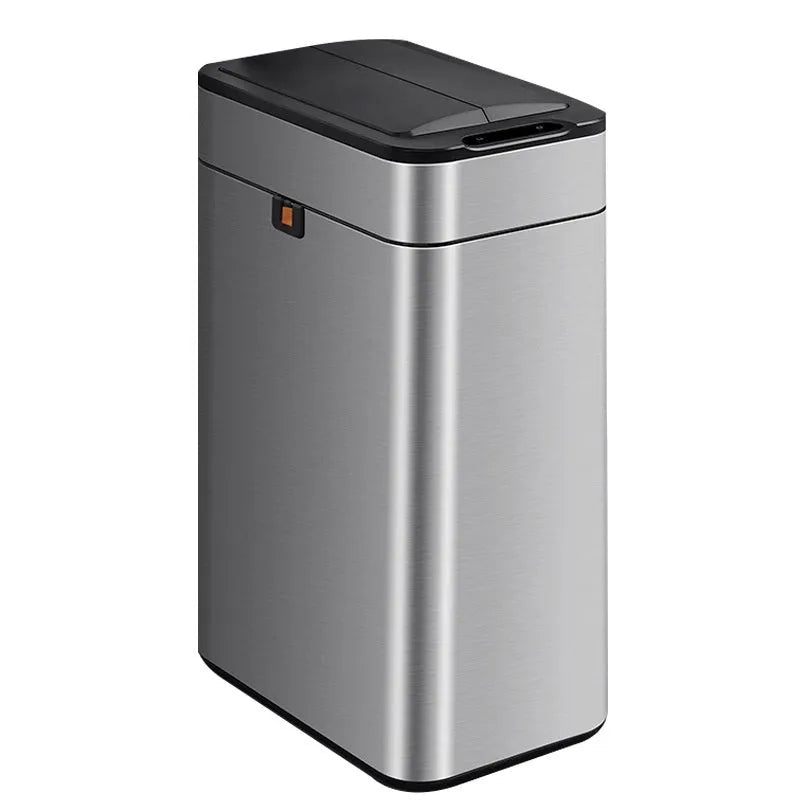 Stainless steel smart inductive trash can with automatic lid and square bucket design.