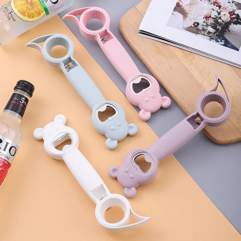 4-in-1 bear-shaped stainless steel and PP manual bottle and jar opener in gray blue on white background