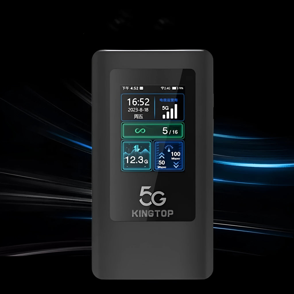 Black 5G portable Wi-Fi router showing LCD screen, size compared to a hand, with Type-C charging cable.