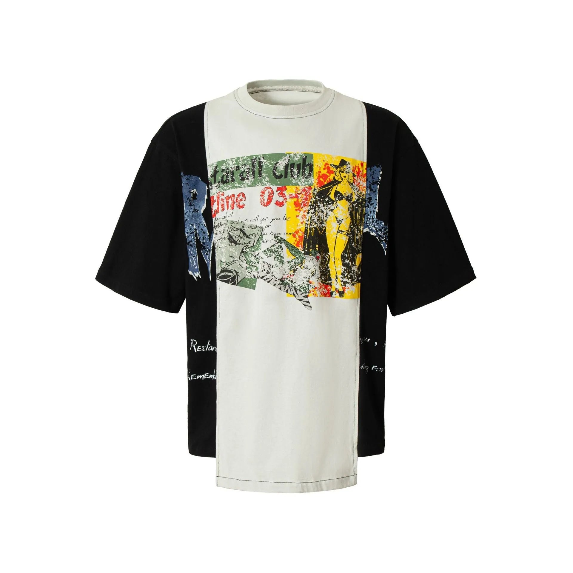 Black and white deconstruction collage printed t-shirt with short sleeves and loose fit.