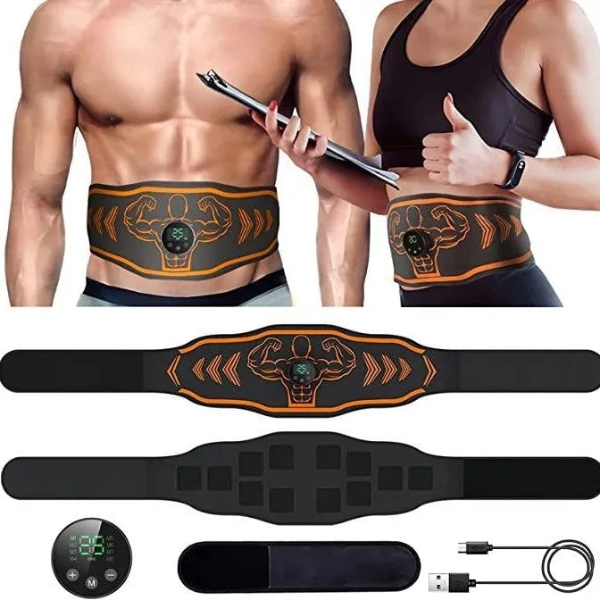 EMS massage belt with rechargeable control unit and arm stimulation stickers in blue or orange