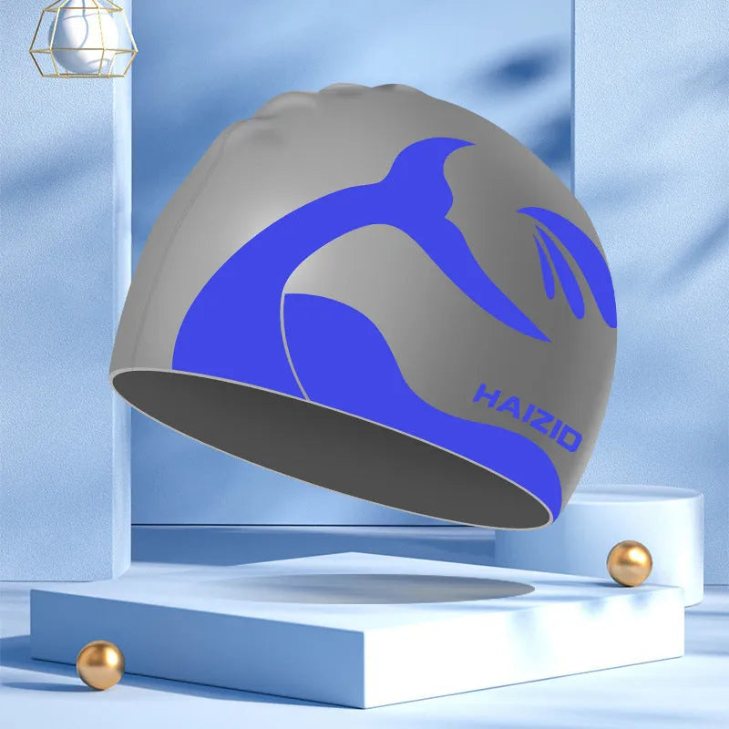 Whale tail pattern silicone swimming cap with waterproof ear protectors in multiple colour options