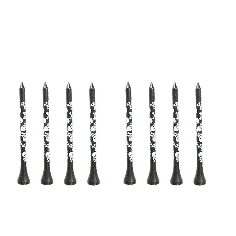 Ten bamboo dowel pins for golf spikes in two lengths with black skull print.