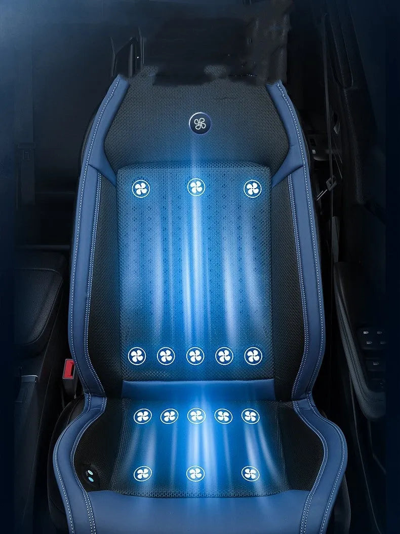Car seat cooling pad with refrigeration, massage and ventilation functions in minimalist black design