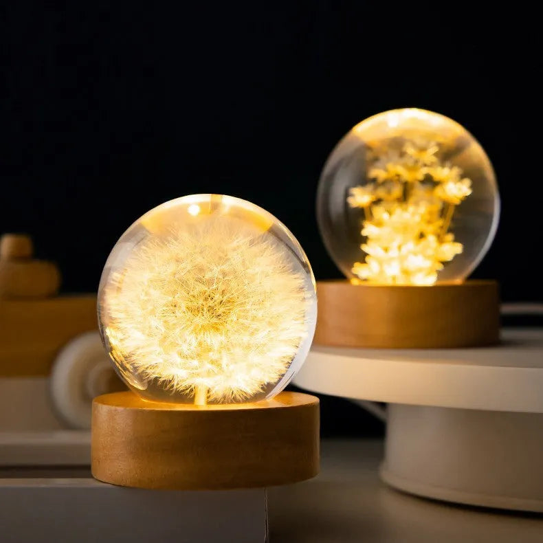 USB dandelion crystal ball night light on beech wood stand, 6cm diameter.