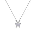 Close-up of a women's sterling silver necklace with a square-framed butterfly pendant on an adjustable chain.