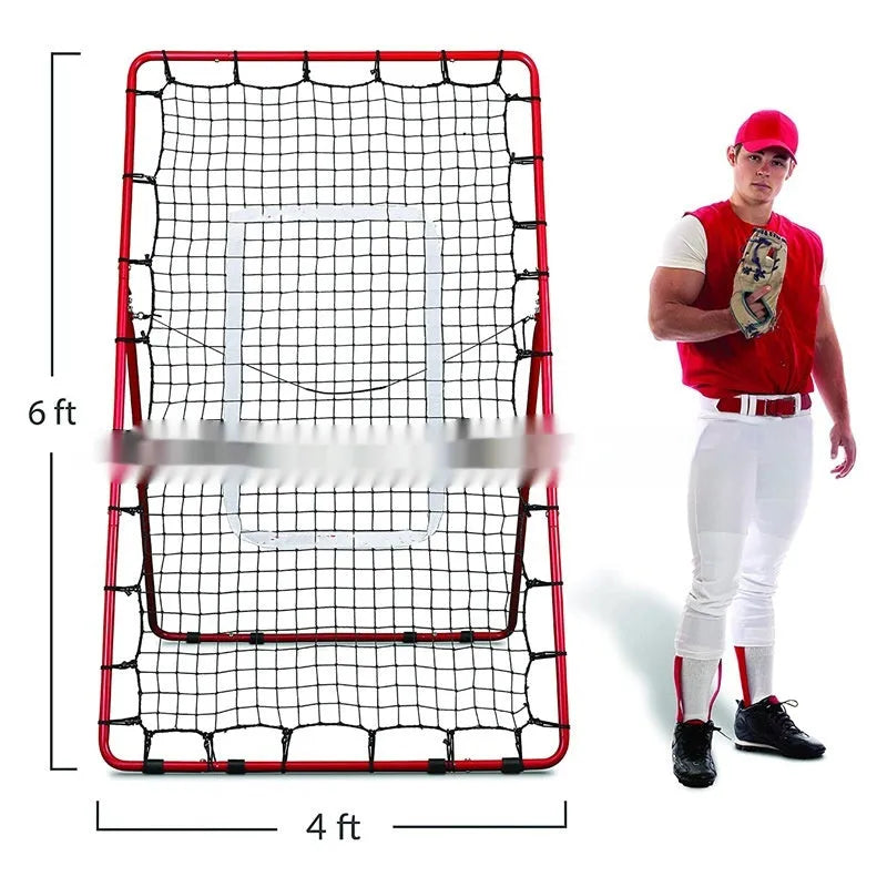 Red metal frame baseball training net set up for practice, measuring 4x6ft with poles