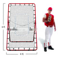 Red metal frame baseball training net set up for practice, measuring 4x6ft with poles