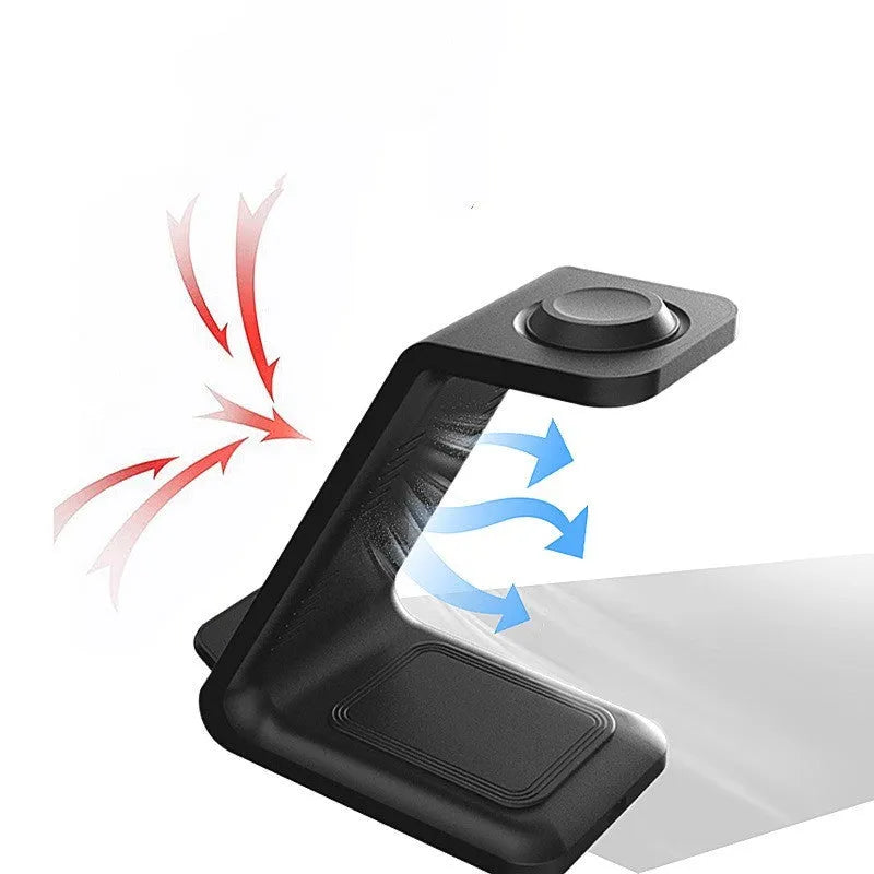 White 3-in-1 upright wireless phone charger holder with Type-C cable on desk