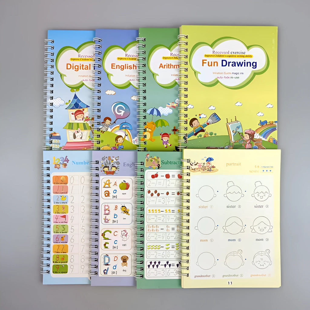 Reusable magic stylus copybook set with groove tracking, four A5 cardboard books, one pen, and four refills