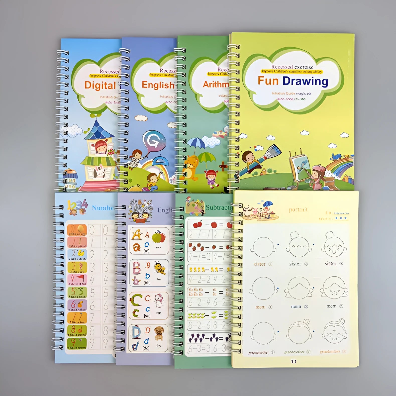 Reusable magic stylus copybook set with groove tracking, four A5 cardboard books, one pen, and four refills