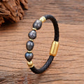 Unisex irregular pearl bracelet on leather cord, white pearl with gold accent, handmade Korean style
