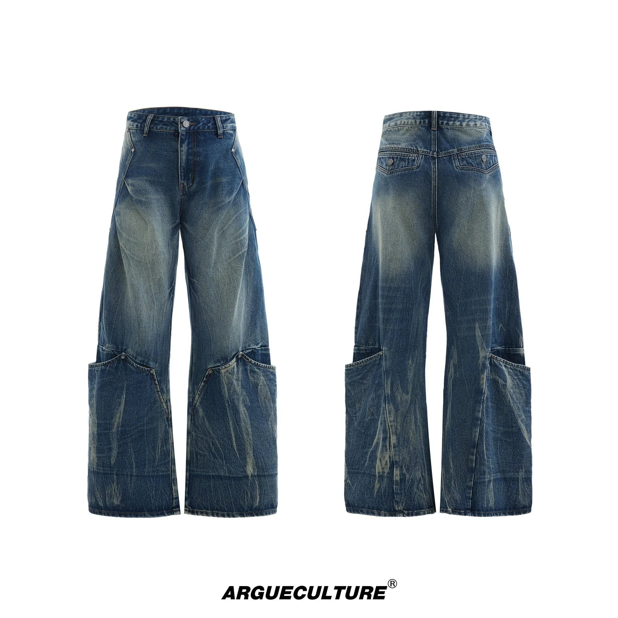Men's verdant blue jeans with washed burst pattern and curved knife design detail