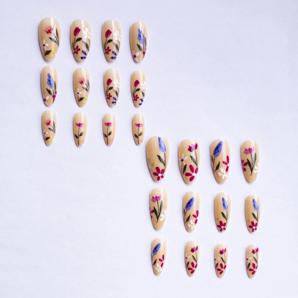 European and American almond-shaped removable flower wear nail art set with rose tulip floral pattern in solid colour