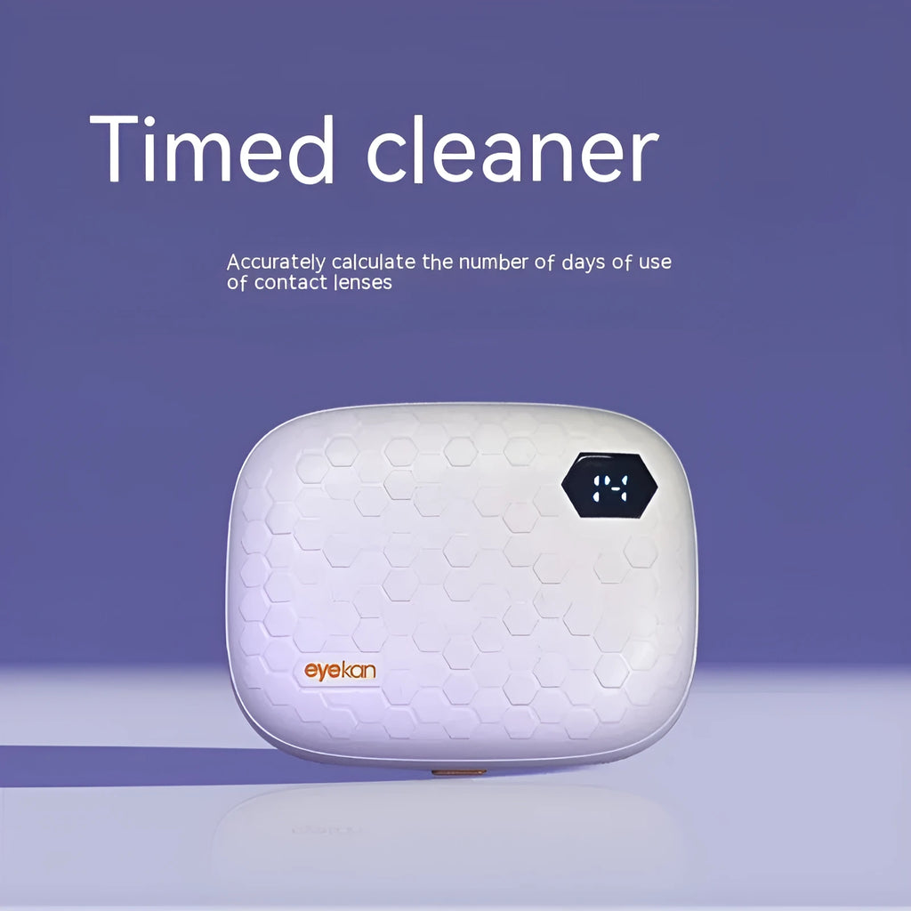 Automatic ultrasonic contact lens cleaning machine in pearl white, blue, or pink plastic housing.