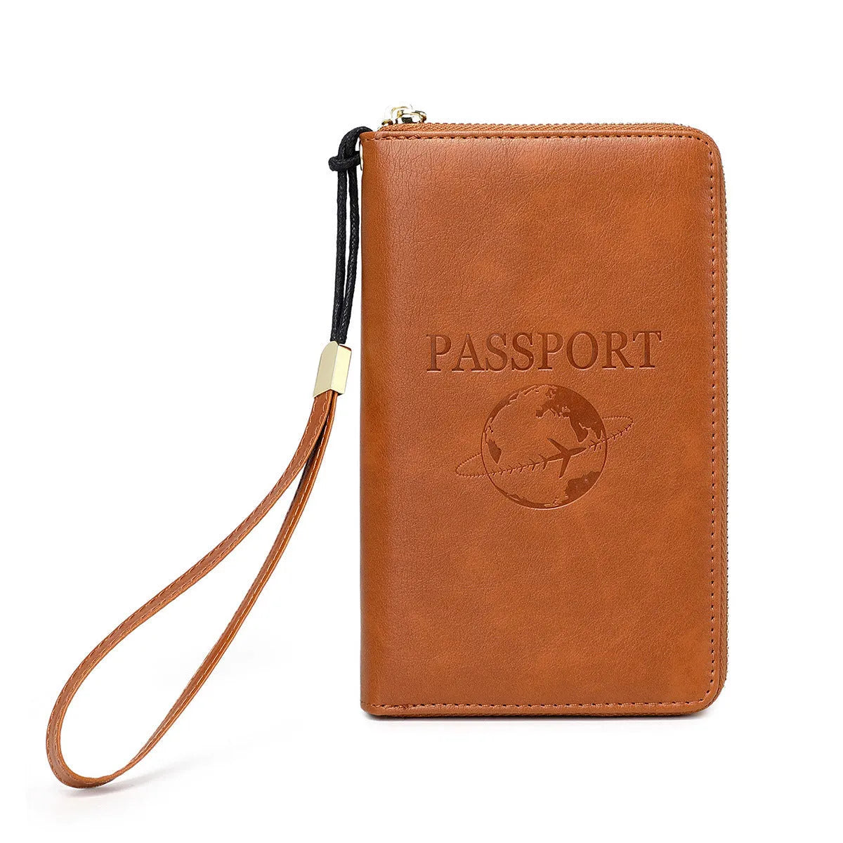 Multifunctional travel document package in brown PU with letter print, anti-theft card slot and 18.5x2.5x11cm size