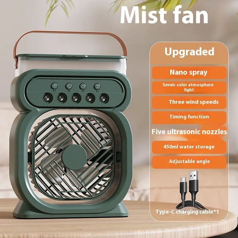3 in 1 portable evaporative air cooler with LED night lights and USB cable on desk
