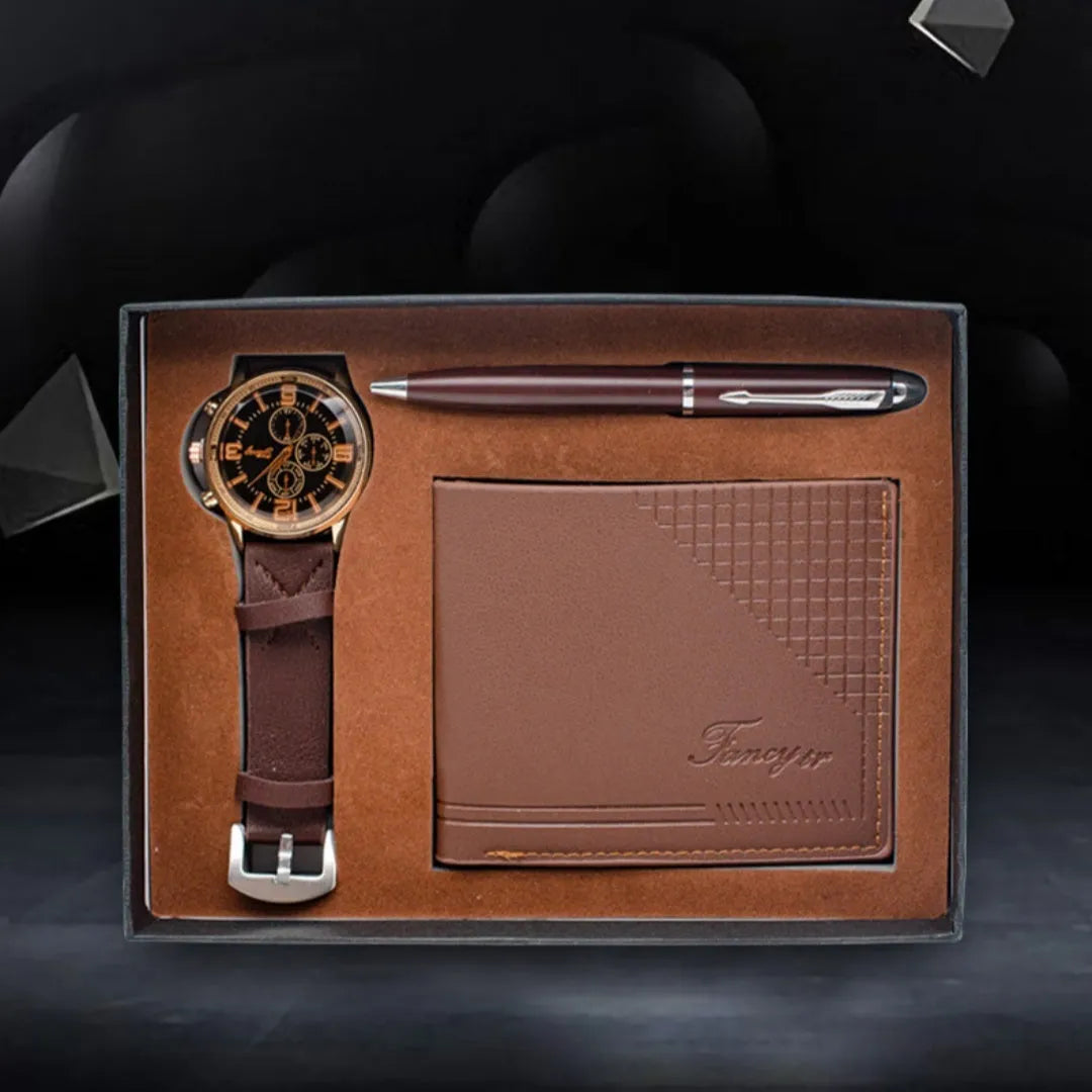 Brown and black 4-piece business gift sets featuring a watch, wallet, pen, and modern simple style presentation box.