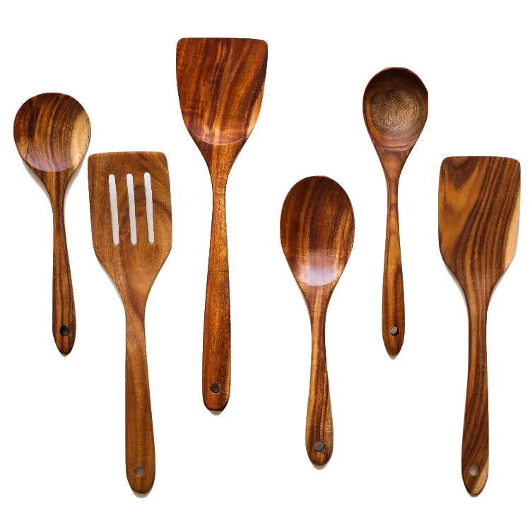 Seven-piece wooden cooking utensil set including spoon shovel for non-stick pans