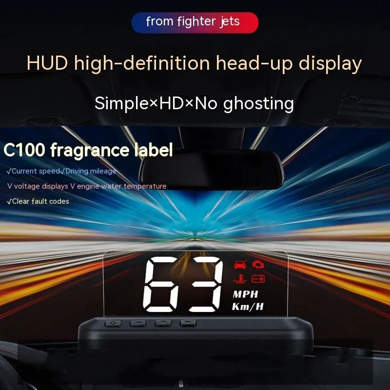 Black ABS car head up display with 2.0-inch screen and OBD interface on windscreen