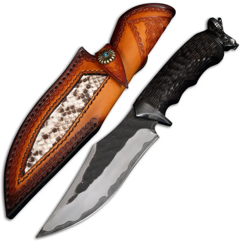 Black Goat high hardness three-in-one steel straight knife with 200mm blade, 102mm handle diameter, 380g weight, black finish