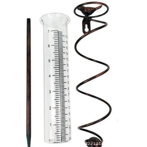 Cast iron and glass outdoor rain gauge with hummingbird design showing 0-800ml capacity