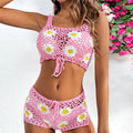 Women's light green flower pattern swimsuit bikini set with hollow yarn fabric