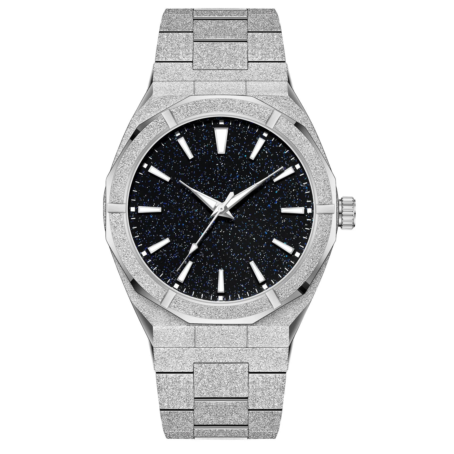Business men's watch with frosted stainless steel case and luminous markers in silver, gold, or black colour options