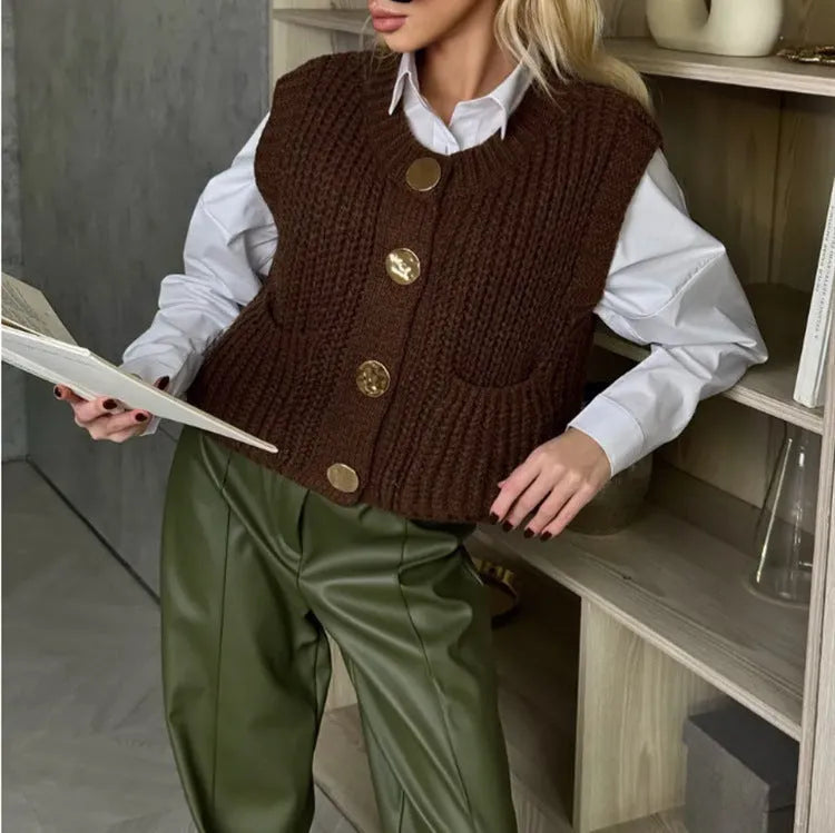Women's button thick knitted short cardigan in apricot, chunky knit open front