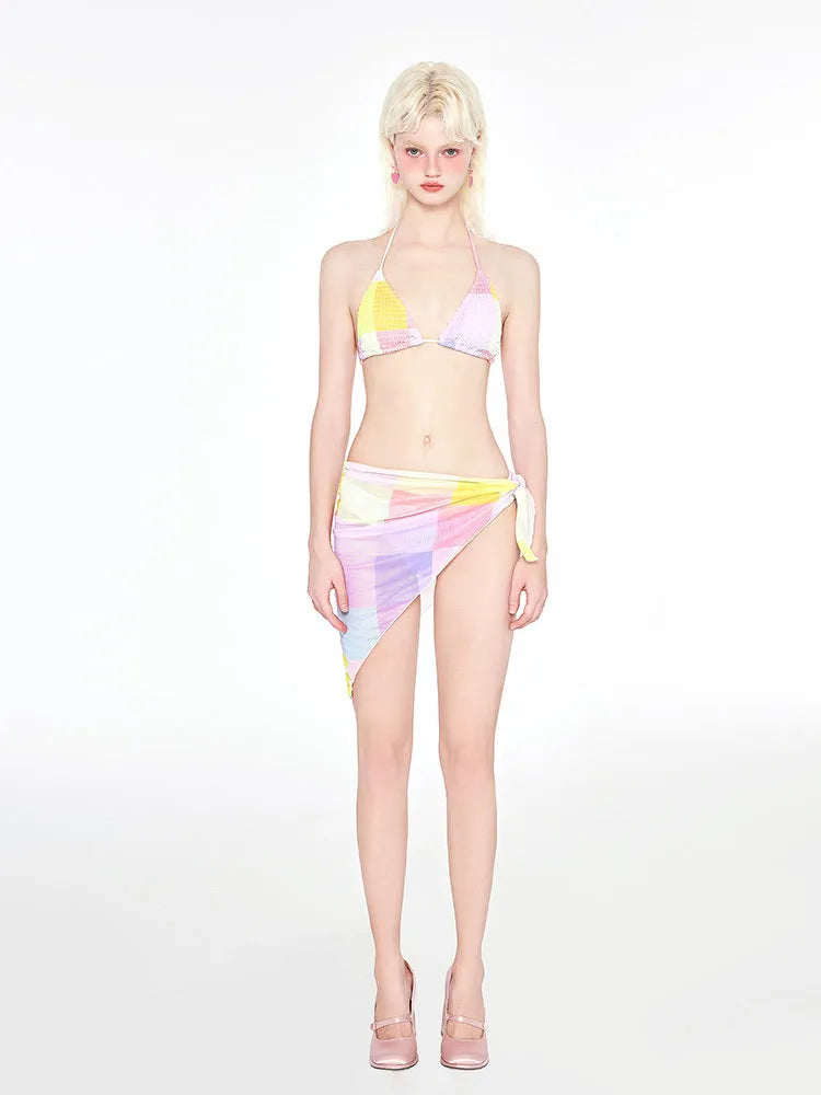 Rainbow Pink triangle bikini three piece swimsuit set with wireless cup and removable chest pads on beach
