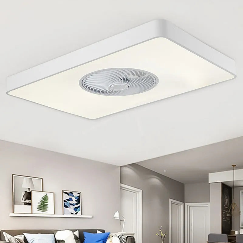 Nordic ceiling fan light with solid wood frame and white PVC lampshade, shown in round, square, and rectangular shape options.