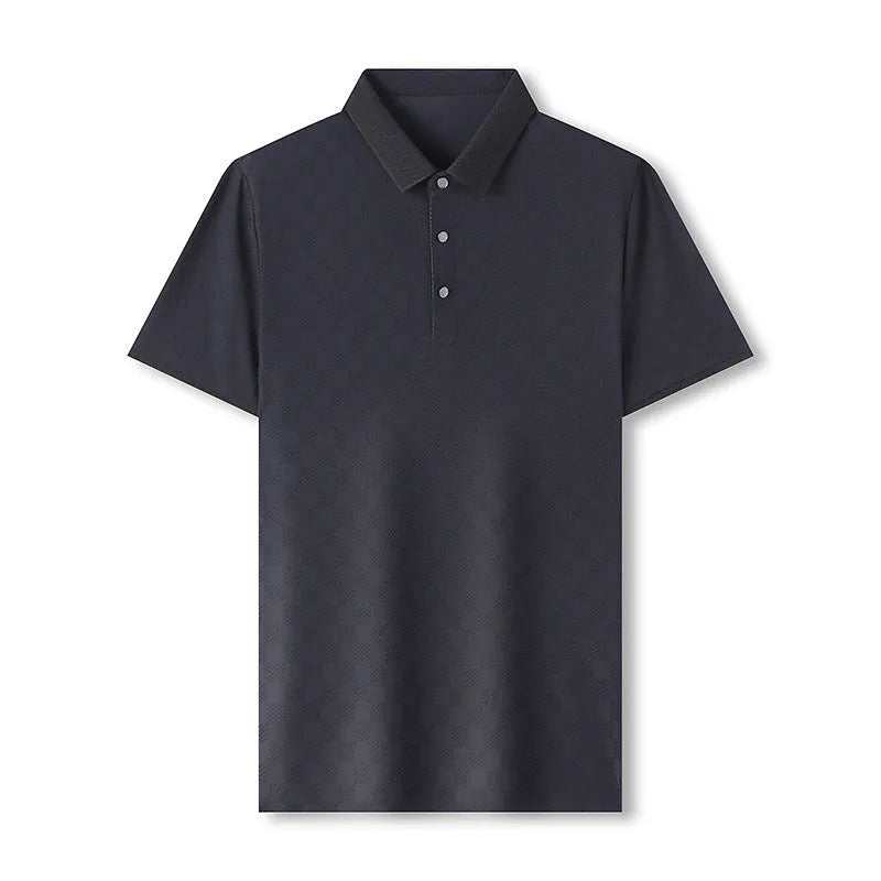 Black rhombus pattern thin ice silk short sleeve T-shirt with a slit design on a hanger.