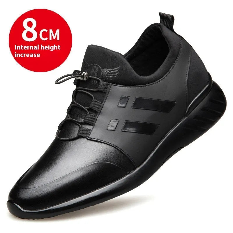 Men's black genuine leather height increasing casual shoes with chunky heel and round toe.