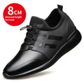 Men's black genuine leather height increasing casual shoes with chunky heel and round toe.