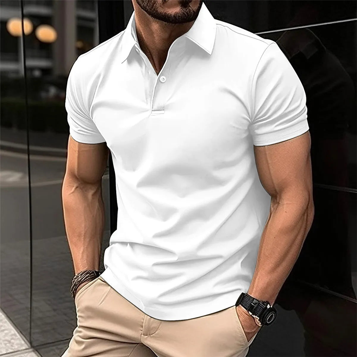 Men's solid colour short sleeve polo shirt with button lapel collar in cotton mixed fabric