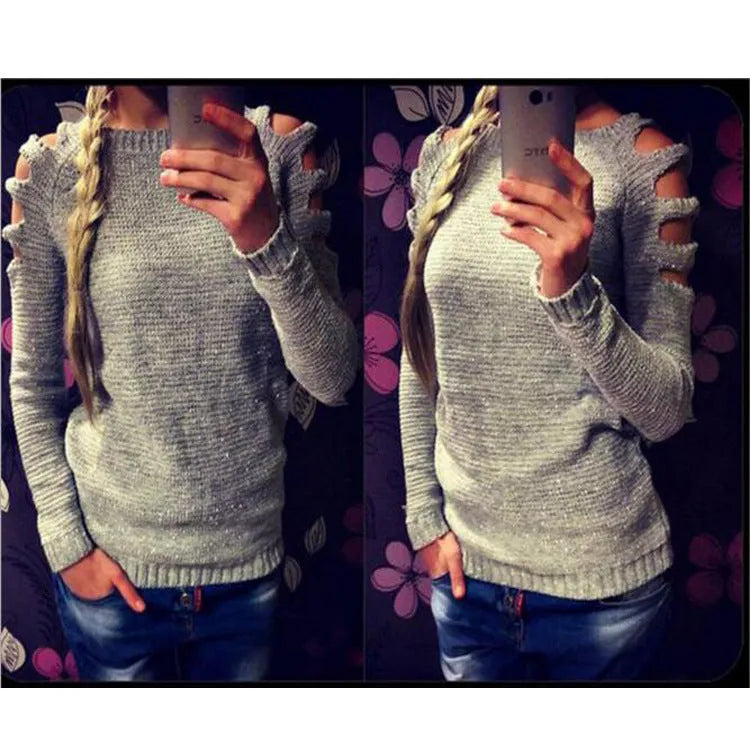 Women's white hollow-out crochet knit shirt with round neck and long sleeves