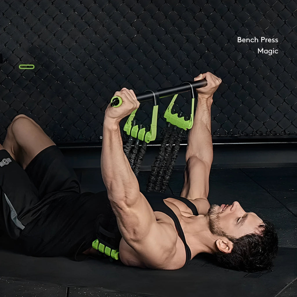 Nylon bench press chest muscle training equipment for home use, Versatile Suit Knight Edition model on a floor.