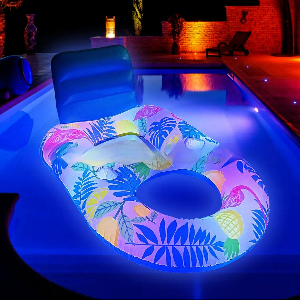 Inflatable water luminous floating bed with backrest recliner and built-in light in white luminous style on swimming pool water