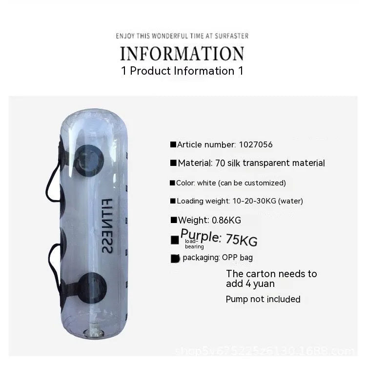 Transparent PVC inflatable water weight bag for adjustable fitness training from 5KG to 35KG