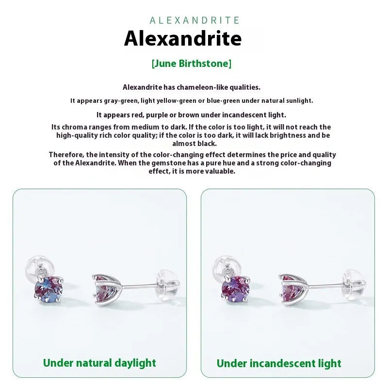 925 sterling silver ear studs with cultivated Alexandrite stones in round geometric shapes