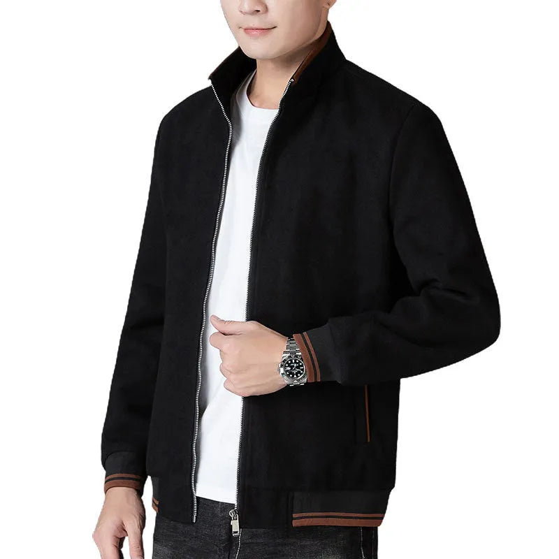 Men's grey wool fleece autumn jacket with long sleeves and a stick pocket, laid flat.