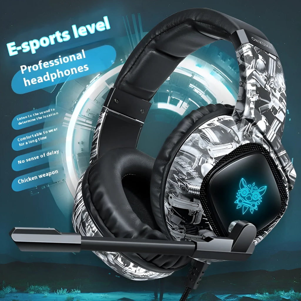 Camouflage grey wired RGB gaming headset with head-mounted design and 2.2 metre braided cable