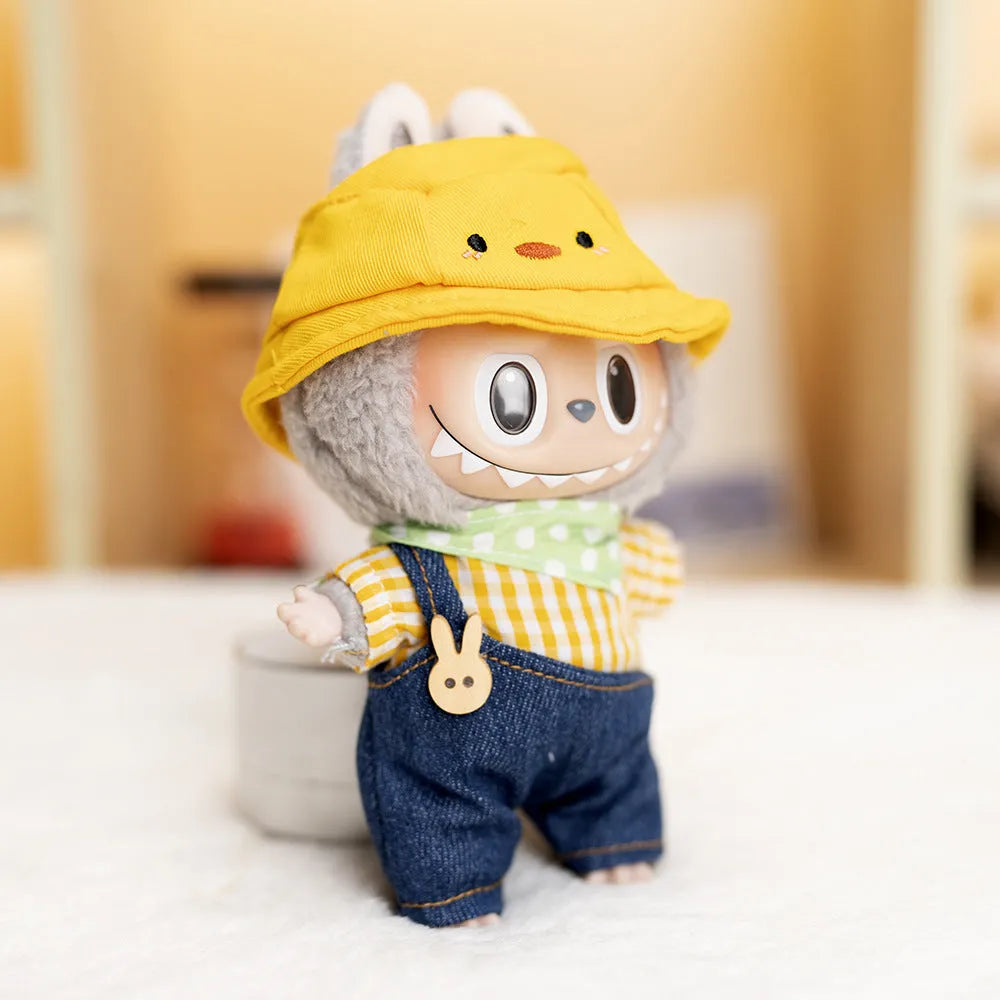 Small yellow duck plush doll wearing a hat, scarf, shirt, and suspender overalls, 17cm outfit set