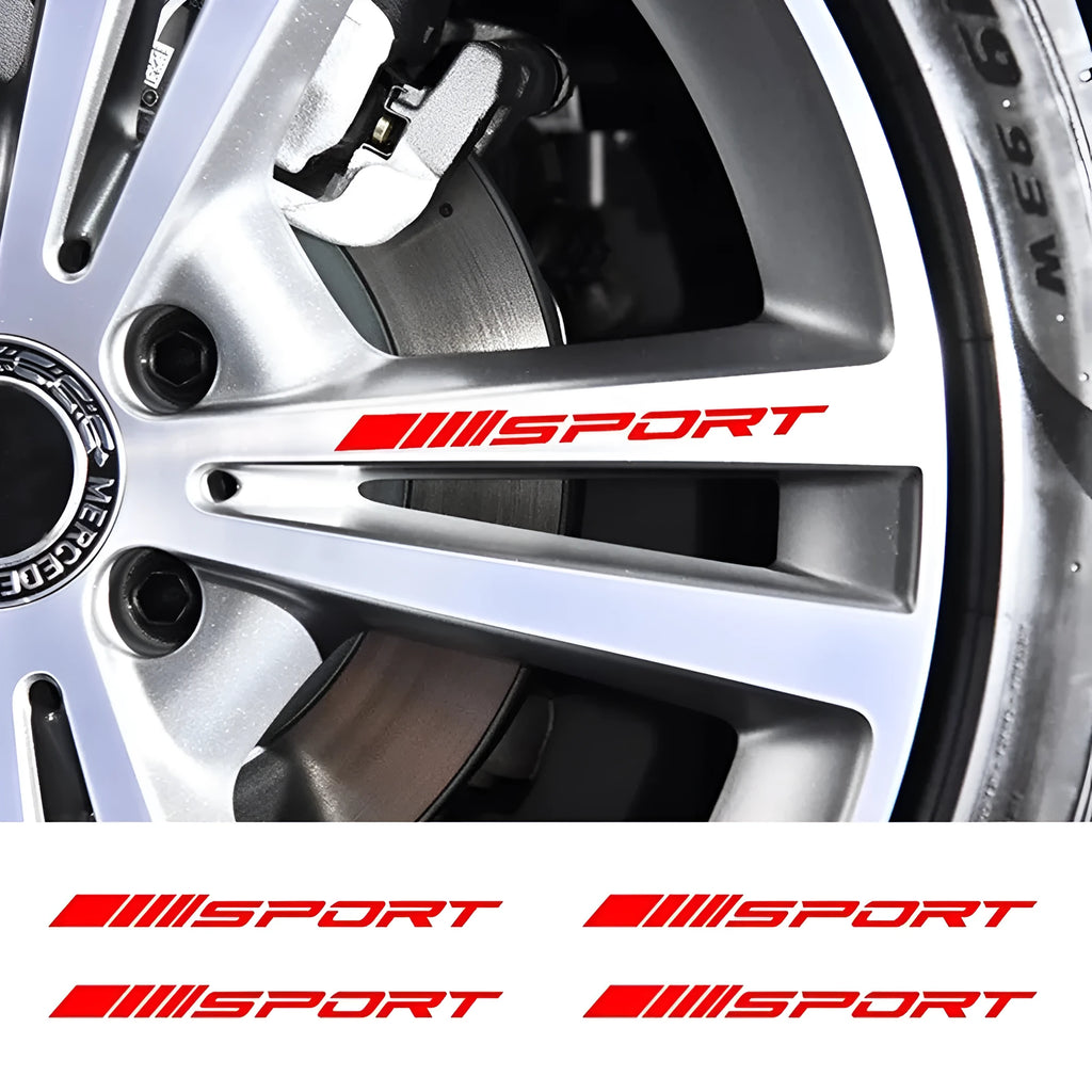 Black sports design car rim sticker on alloy wheel with hollow cut-out pattern