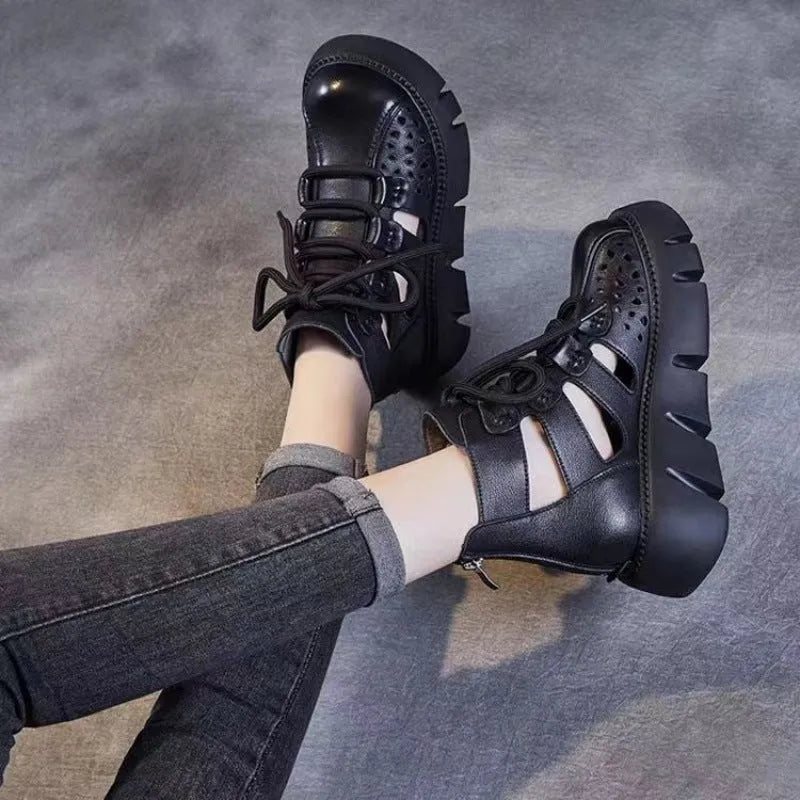 Women's platform sandals with hollow hole design, fish-mouth toe, PU sole, in black colour