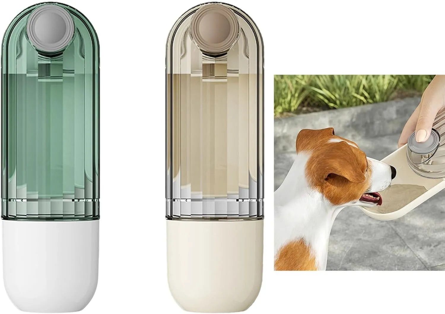 Beige and green foldable dog water bottle with food container, 21.5cm tall with leak-proof design