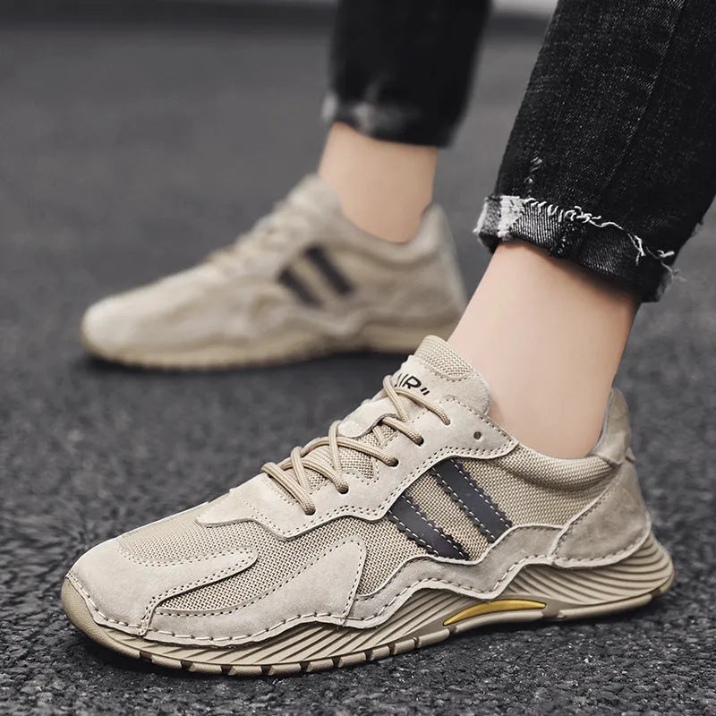Men's low-top lace-up hiking boots with pigskin upper and platform sole in sand colour, side view