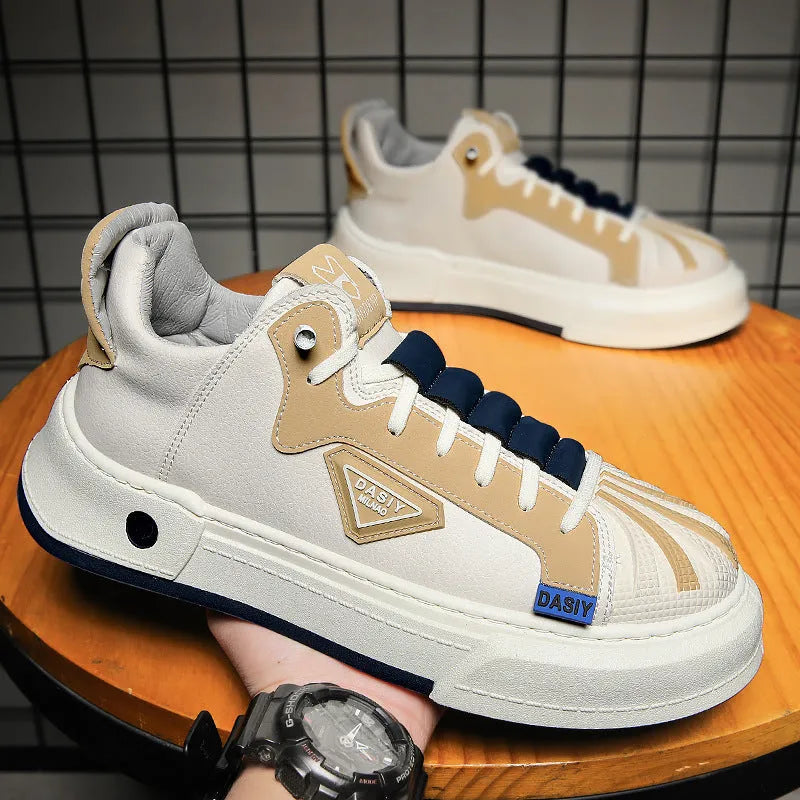 Men's beige casual sneakers with elastic band fastening and leather stitching detail